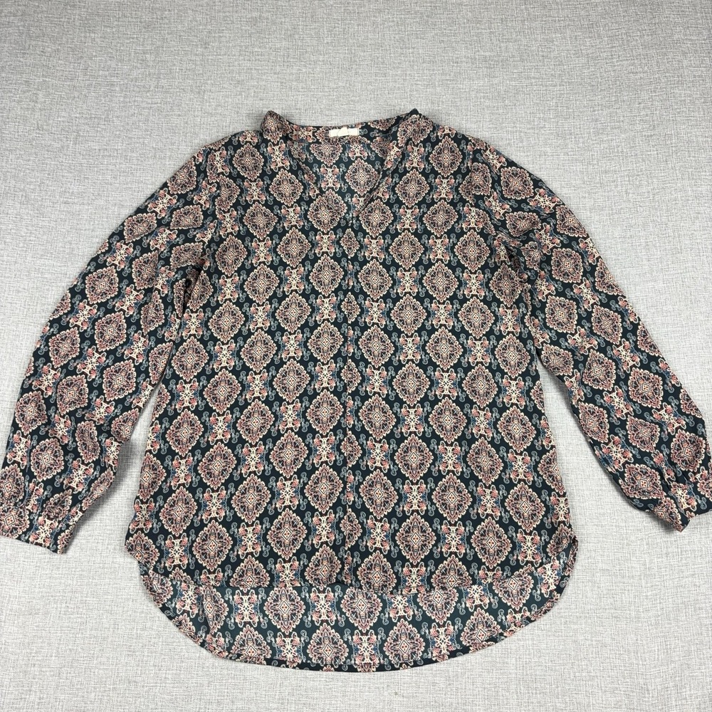 Pleione Blouse Womens M Blue V-Neck Long Sleeve Tunic Boho Top Anthropologie